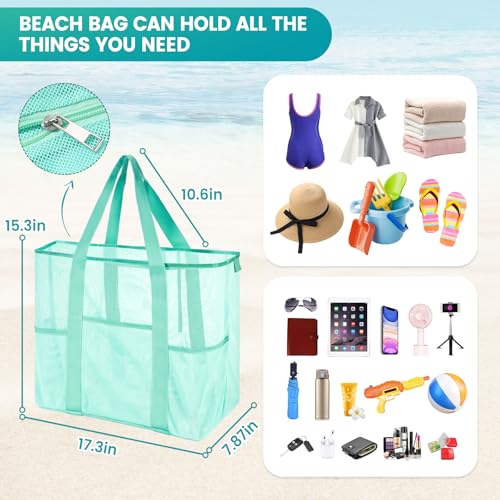 coclothy Mesh Beach Bag, Large Bag with Zipper Beach Bags for Women Waterproof Sandproof with 5 Pockets Green