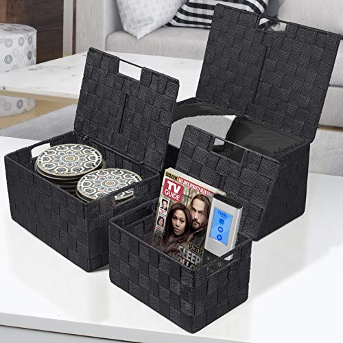 Sorbus Set of 3 Black Woven Storage Baskets with Lids – Mesh Hand-Woven Bins for Closet, Shelf, and Linen Organization – V...