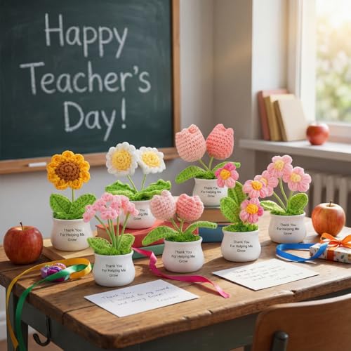 Ferrochef 6 Pcs Teacher Appreciation Gifts Crochet Flowers Bulk Thank You for Helping Me Grow Crochet Flower Handmade Appr...
