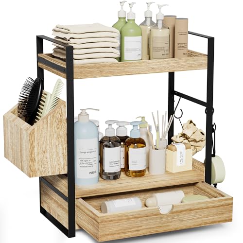 Aollewoiti 2-Tier Bathroom Counter Organizer with Drawer and Basket, Wood Countertop Organizer for Storage, Skincare Organ...
