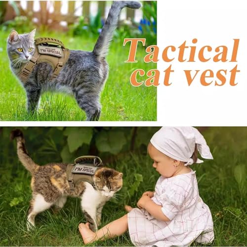 Tactical Cat Harness and Leash Set for Walking Escape Proof Adjustable Large Cat Vest Harness with Patches Soft Mesh Paddi...