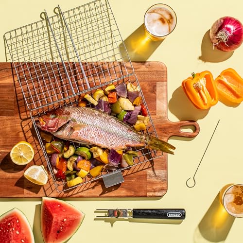 SHIZZO Grill Basket Set, Barbecue BBQ Grilling, Stainless Steel Folding Portable Outdoor Camping Rack for Fish, Shrimp, Ve...