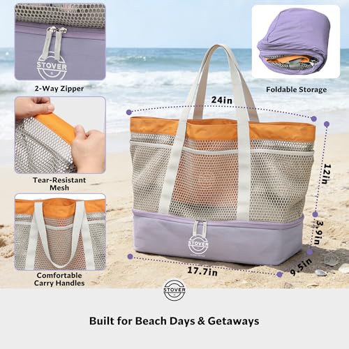 STOVER Extra Large Mesh Beach Bag, Vacation, Pool, Shopping & Travel Tote - Foldable w/Storage Pouch & Pockets for Women, Men