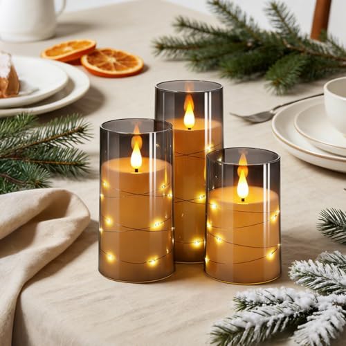 NURADA Flickering Flameless Candles: Built-in Star String Lights 3D Wick Acrylic Battery Operated LED Pillar Candles with ...