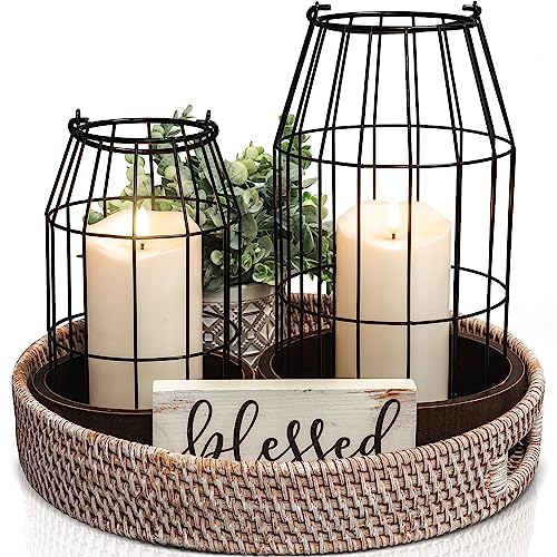 Rustic Farmhouse Lantern Decor Set of 2 - Stylish Decorative Lanterns for Your Living Room, Fireplace Mantle or Kitchen Di...