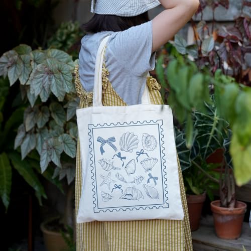 Puuonnnnno Blue Seashells Stamp Canvas Tote Bag for Woman Lady Friends, Canvas Shoulder Bag Reusable Grocery Shopping Bag
