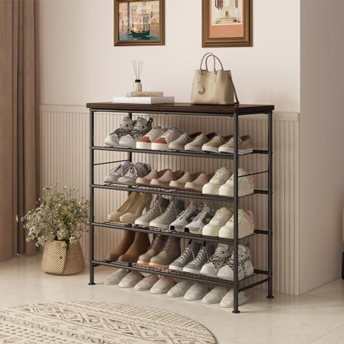 SUOERNUO Shoe Rack Organizer 5 Tier for Closet Entryway Free Standing Metal Storage Shoe Shelf with MDF Top Board，Black+Ru...