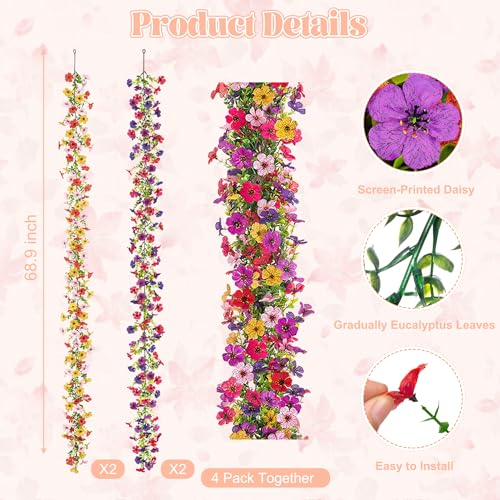 Ammyoo Artificial Flowers Garland Ivy, 4 Pack 5.9 FT Spring Summer Decor UV Resistant Fake Mums Floral Vine Silk Daisy Han...