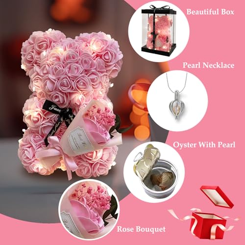 Romantic Valentine's Day Gift For Her Artificial Flower Rose Teddy Bear With Preserved Flowers Bouquet And Blind Box Pearl...