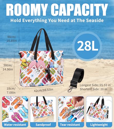 PIG PIG GIRL Beach Bags for Women, Large Waterproof Sandproof Swim Pool Bag with Dry Wet Seperated Pocket Utility Tote Bag