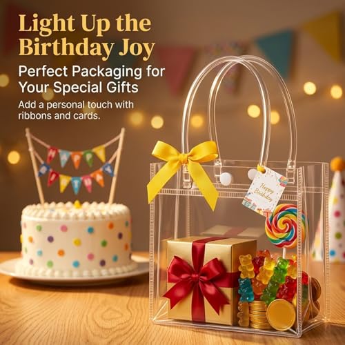 MAQIHAN Clear Gift Bags with Handles - 10 Party Favor Candy Bags, Plastic Goodie Bags Transparent, bolsitas, for Valentine...