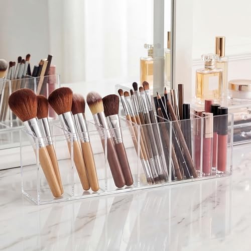 Jetec Acrylic Pen Holder 6 Compartments Makeup Brush Stationery Organizer Pencil Holder for Desk Accessories, Cosmetic Bru...