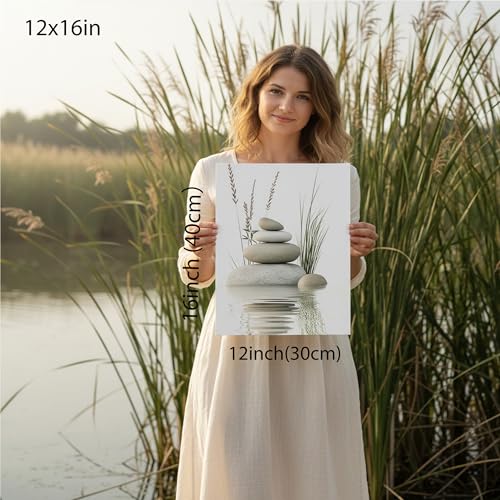 KBIERQN Zen Stone Canvas Wall Art Stacked Stones in Water Poster Print Tranquil Wild Grass Painting Picture for Spa Yoga M...