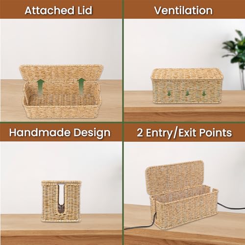 Cable Management Box, Handmade Rattan Cable Organizer with 2 Open Slots, Cord Hider for Power Strip, Router & USB Hub, Reg...