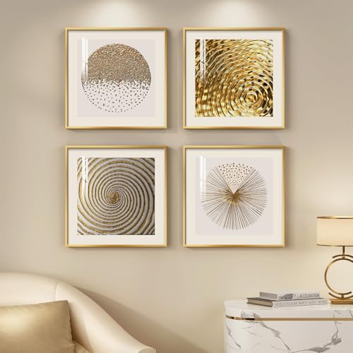 Framed Gold Modern Wall Art Prints, Set of 4 Piece Abstract Geometric White and Gold Wall Decor, Minimalist Contemporary G...