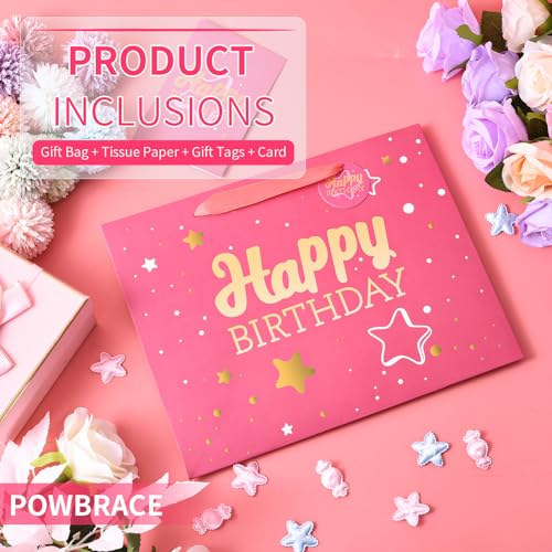 Powbrace 13" Pink Happy Birthday Gift Bag with Tissue Paper and Greeting Card for Party,Happy Birthday Gift Bag for Men Wo...