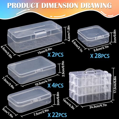 VTG Bead Organizer Box, 56 Pcs Small Plastic Containers with Lids and 3-Tier Stackable Storage Box, Clear Organizers for J...