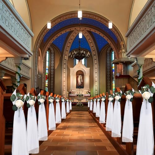 DIYDOFUN 20 Sets Wedding Aisle Decorations, 39.4 Inches Artificial Silk Rose Flowers with Long Tulle Tails for Church Pew ...