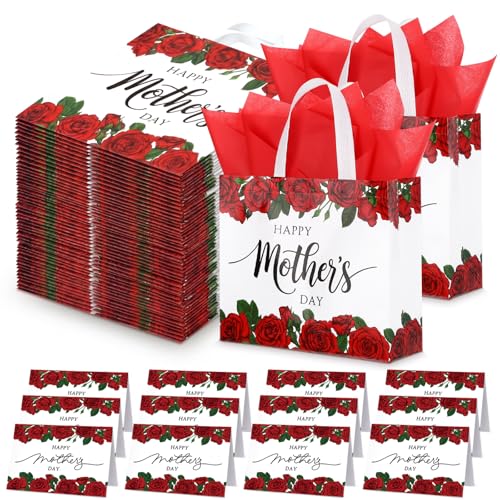 Sinload 24 Sets Large Gifts Bags for Mother's Day 10.6" Rose Flowers Non Woven Fabric Bag with Tissue Papers with Handles ...