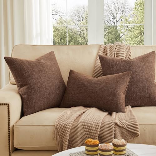 ZeeMart Rustic Cotton Linen Throw Pillow Covers Set of 2, 18x18 Inch Brown, Farmhouse Style Decorative Couch Pillow Cases ...