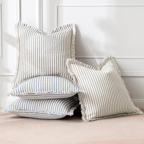 MIULEE Gray Pack of 2 Pillow Covers 18x18 Inch Striped Farmhouse Couch Throw Pillow Covers with Fringe Chic Linen Decorati...