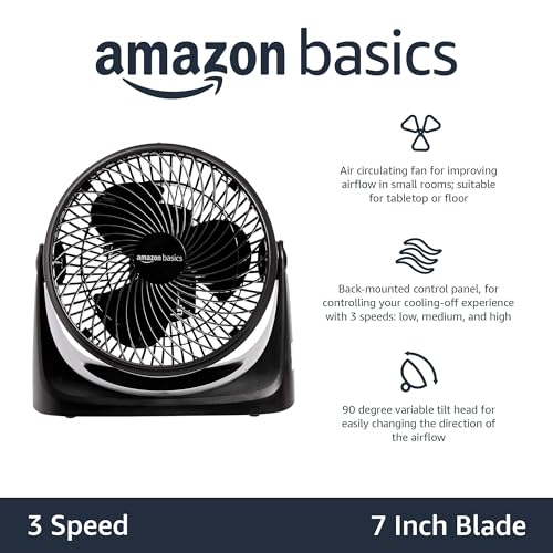 Amazon Basics Air Circulator Desk Fan for Bedroom, Home and Office, 90-Degree Tilt Head, 3 Speed Settings, Cooling, 35 Wat...