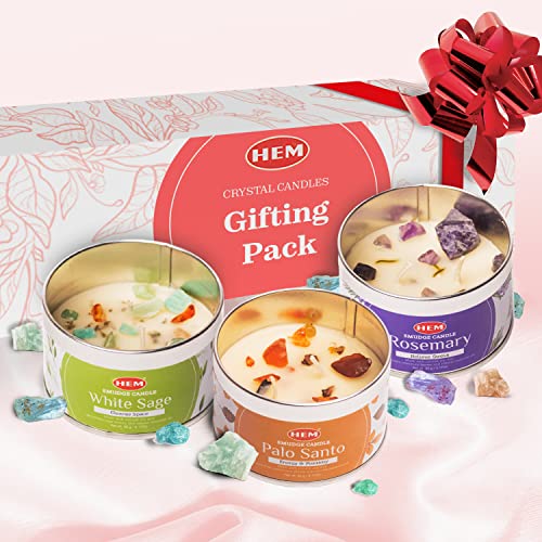 HEM Crystal Candle Gift Set – 3 Natural Soy Wax Candles (9.5 oz) | White Sage, Palo Santo & Rosemary Scents | 65-Hour Burn...