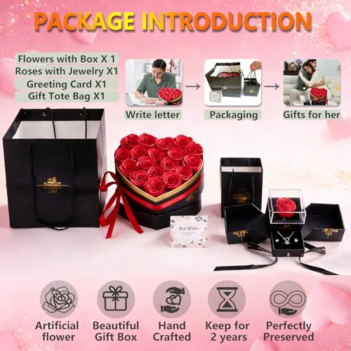 Gifts for Women Artificial Forever Flowers Box & Preserved Roses with Necklace Ring Earrings,Gifts for Her Girlfriend Mom ...