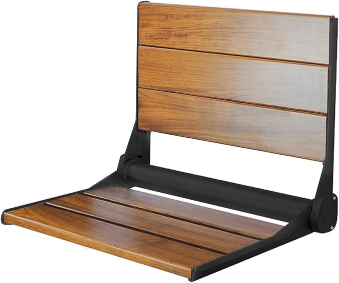 Home Aesthetics 18" ADA Compliant Wall-Mounted Folding Serena Teak Wood Shower Bench Seat with Matte Black Frame, Clear Co...