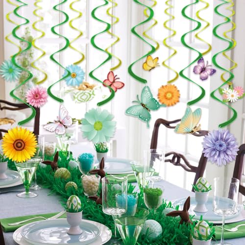 33pcs Spring Hanging Decorations for Home - Flower Butterfly Hanging Swirls with Led Lights for Spring Summer Easter Flowe...