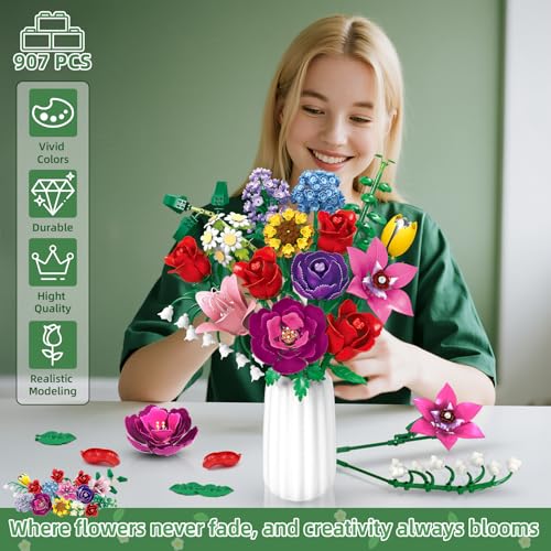kiothdre Flower Bouquet Set for Adults, Botanical Collection Building Block Toy with Roses Sunflower for Teen Girls, Artif...