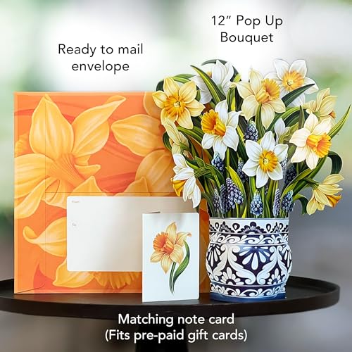 Freshcut Paper Pop Up Cards, English Daffodils, 12 Inch Life Sized Forever Flower Bouquet 3D Popup Greeting Card, Birthday...