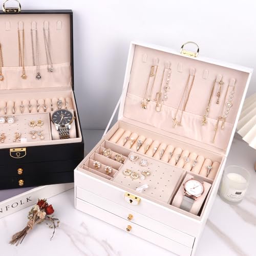 RQQM 3 Layer Jewelry Box Organizer with Drawers, Lockable PU Leather Jewelry Storage Case for Mothrer's Day gifts Necklace...