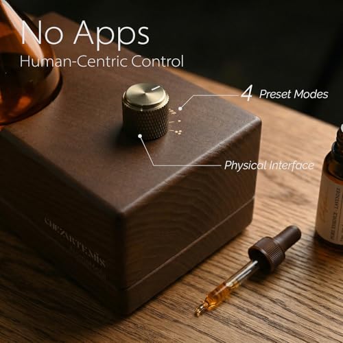 Amber Premium Glass Essential Oil Diffuser with Handmade Wood Base for Aromatherapy, Retro Waterless Scent Diffuser with C...