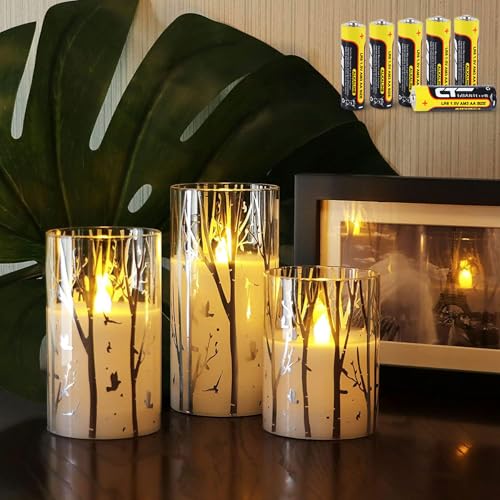 Rhytsing Birch Design Glass Battery Operated LED Candles with Timer, Flameless Pillar Candles Spring & Summer Decor- Inclu...