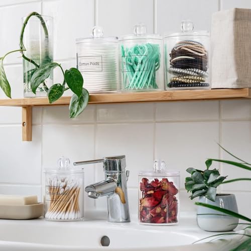 4 Pack Acrylic Qtip Holder Dispenser for Cotton Swabs, Balls, Pads, Floss Picks- Small Clear Acrylic Canister Apothecary J...