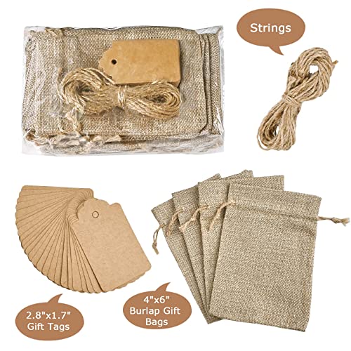 Jutieuo 25pcs Small Burlap Bags with Drawstring - 4x6 Inch Reusable Premium Linen Sacks Bags with Tag and String, Mini Gif...