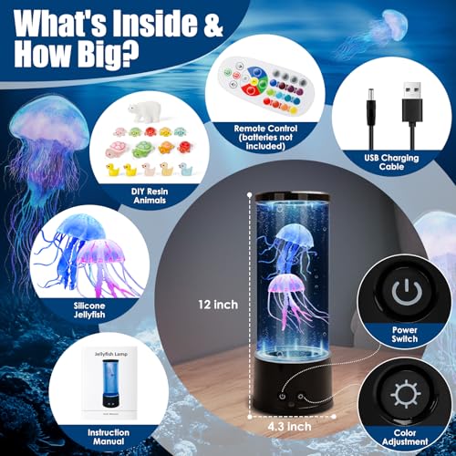Jellyfish Lamp Sensory Light with Remote - 12" Color Changing Bubble Tube with Glow DIY Accessories - 17 Colors & 4 Modes ...