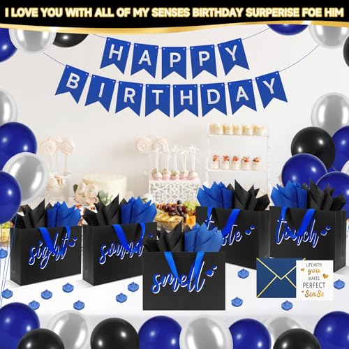 Epoesch 5 Senses Gift Bags for Him with Labels & Tissue Paper | Happy Birthday Decorations Kit with Banner, Balloons, Rose...