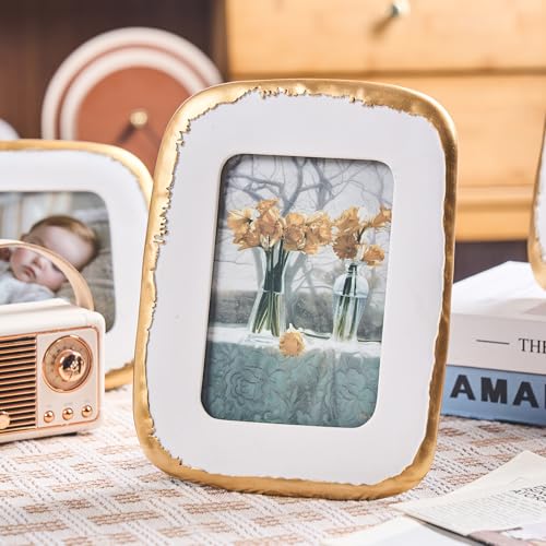ZIHARA 4x6 Picture Frame, Ornate Photo Frame White & Gold, Hand-Crafted Resin Table Top Frame, Hanging Frames with Easel, ...