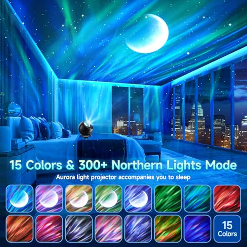 Northern Galaxy Light Projector, 300+Modes & 5 Films Star Projector, 15 White Noise & Bluetooth Northern Lights Projector,...