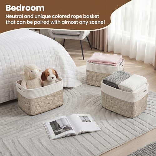Storage Baskets for Organizing, 14 x 10 x 9” Closet Shelf Woven Baskets, Square Bins with Handles, Cotton Rope Basket for ...