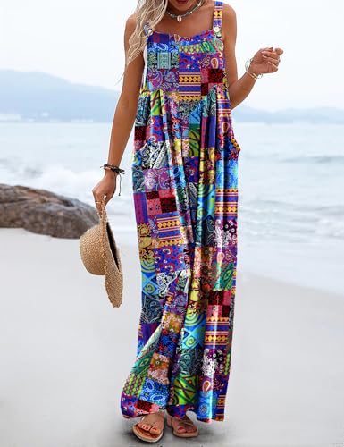 YESNO Women's Summer Casual Overalls Loose Wide Leg Jumpsuits Boho Floral Printed Baggy Rompers with Pockets PZH