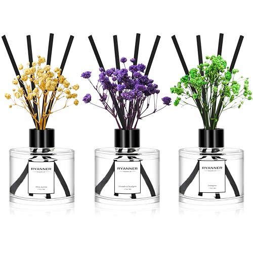 RYANNER Reed Diffuser Set of 3 Pack,Lavender Eucalyptus/White Jasmine/Lemongrass Scented Oil Diffuser with Sticks(1.7 fl o...
