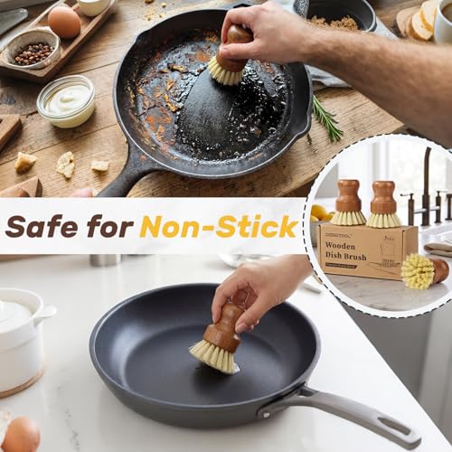DEBETOOL 3-Pack Wooden Dish Brush - Natural Dish Scrubber & Vegetable Brush with Sisal Bristles, Kitchen Scrub Brush for P...
