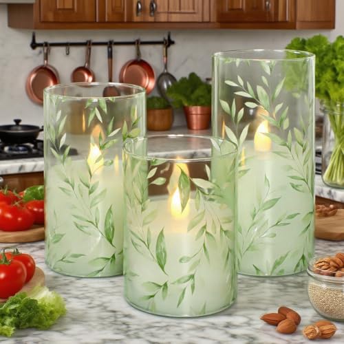 GORGE MOMENT Green Flameless Candles with Remote Willow Leaf Design Battery Operated Candles - Elegant Home Christmas Summ...