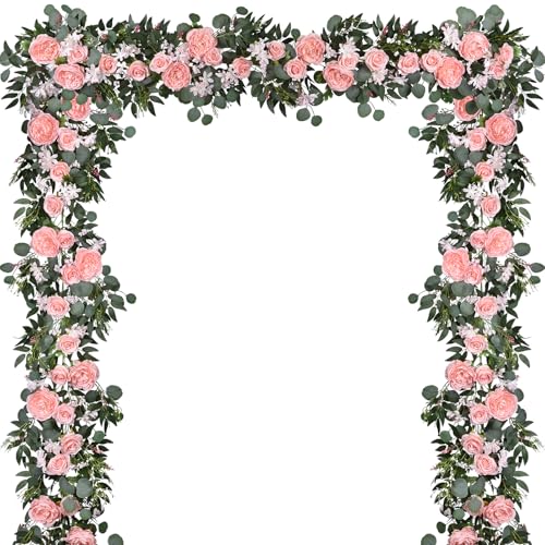 Lvydec 2 Pack Artificial Peony Flower Garland - 6ft Silk Peony Vine Willow Leaves and Eucalyptus Garland White Arch Flower...