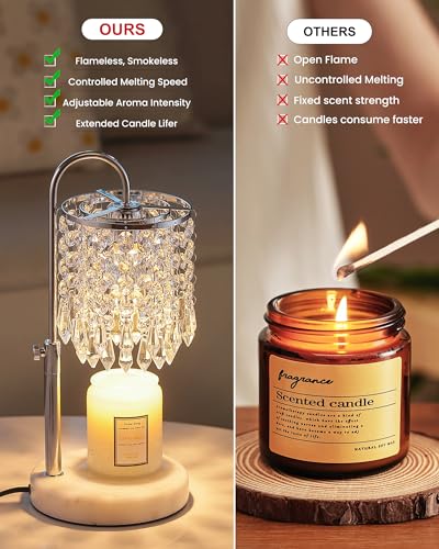 Candle Warmer Lamp with Timer Dimmer and 3 Bulbs, Candle Lamp Warmer with Marble Base for Adjustable Height, Crystal Candl...