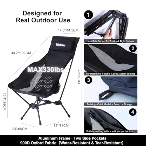 Wildhiker Portable Compact Folding Camping Chairs – Lightweight High Back with Pillow, Deep Recline, ArmPads, Side Pocket...