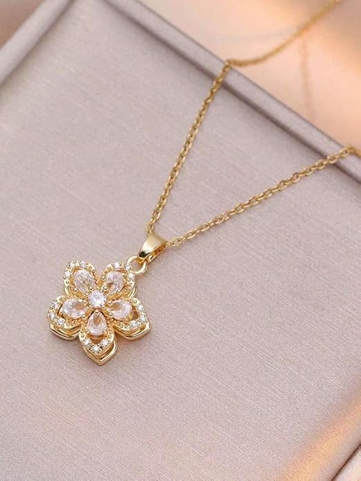 Elegant Zirconia Flower Pendant Necklace Vintage Gold Plated Crystal Bauhinia Necklaces for Women Birthday Valentine's Gift